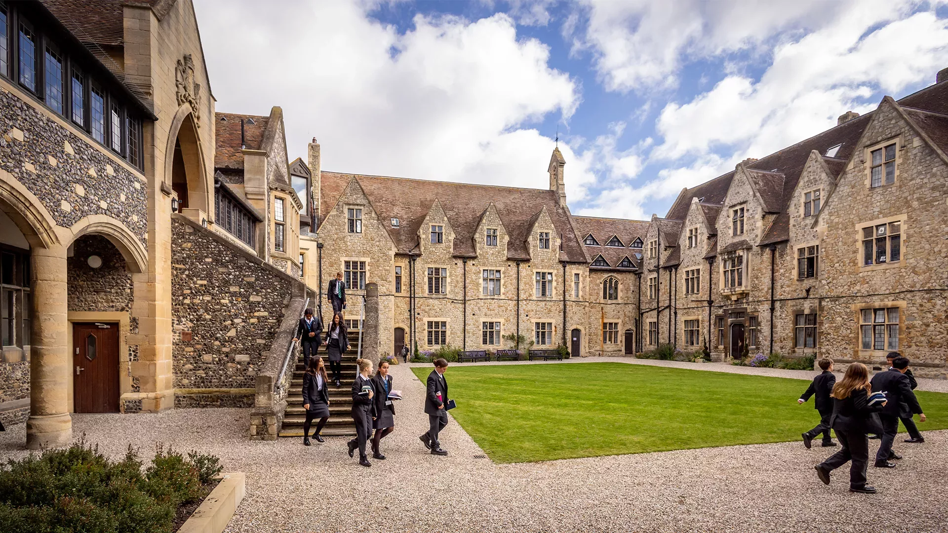 A view of the historic campus of The King’s School, Canterbury, a prestigious British boarding school.